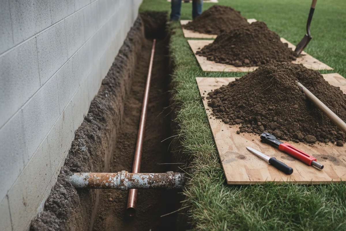 Excavated water line trench during Sewer Line Repair in Kyburz